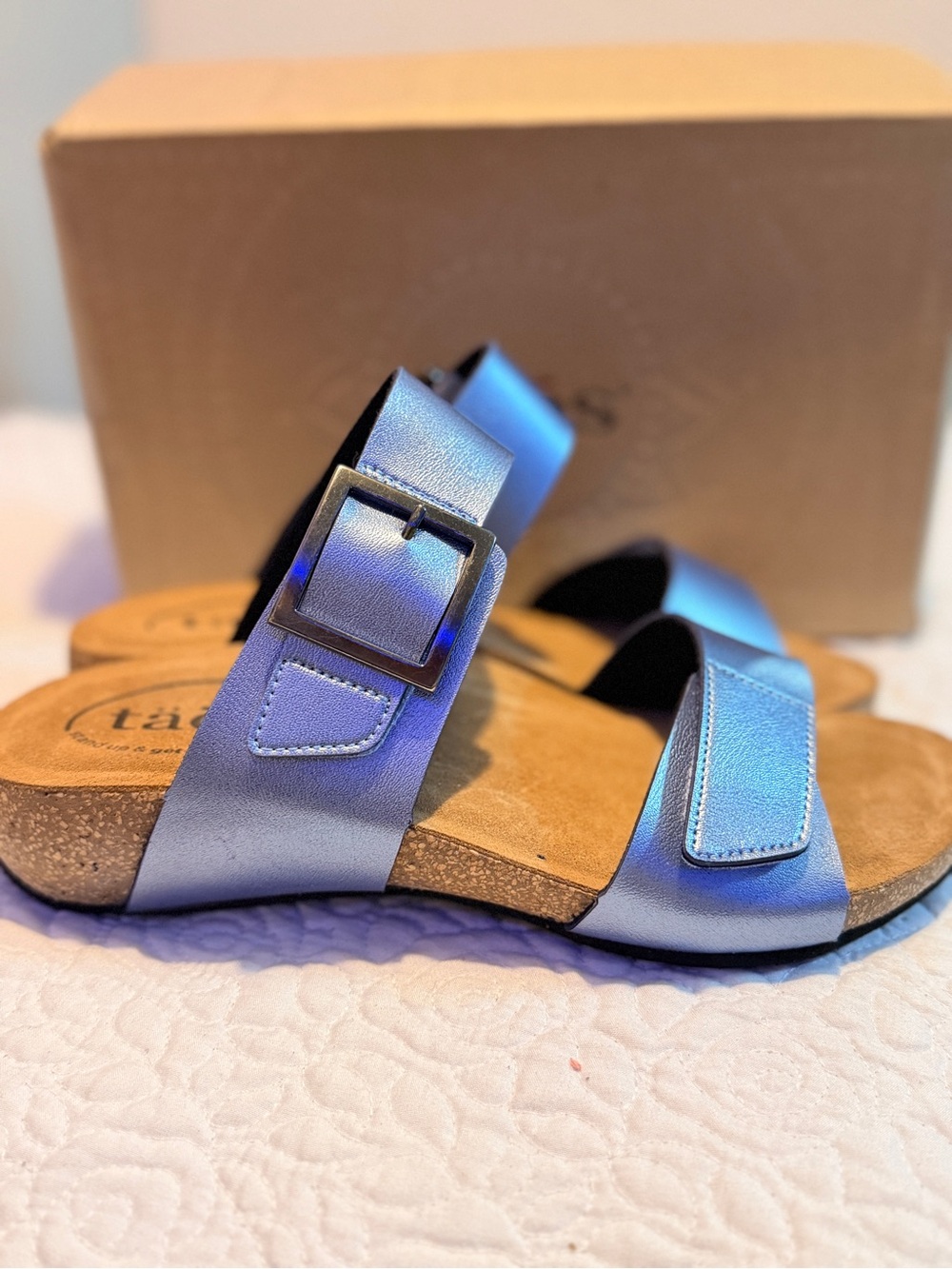 Taos Footwear Iridescent Blue Double Strap Buckle Sandals